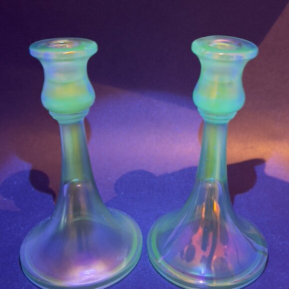 Vtg Central Glass Works Iridescent Blue Stretch Trumpet Candlestick Holders Glow - Picture 2 of 16